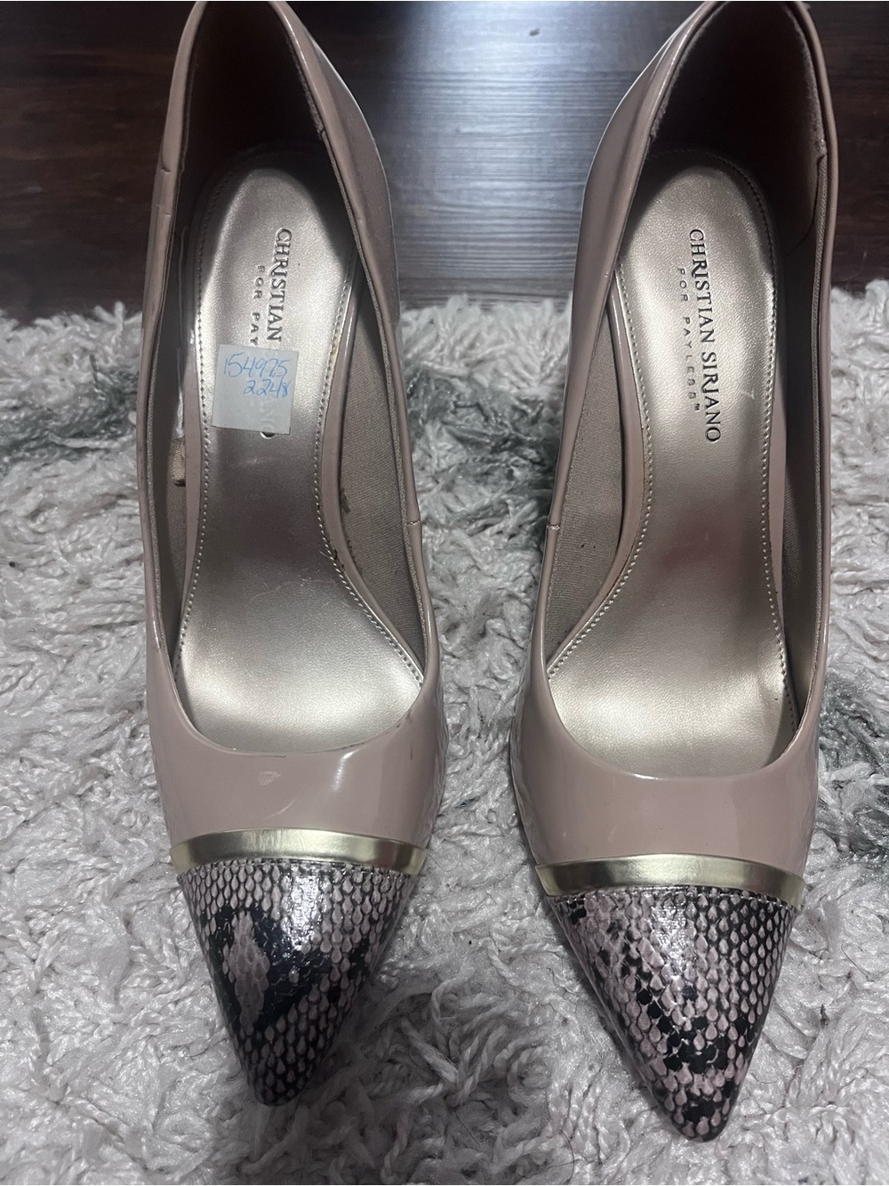 Christian Siriano Blush Patent Pointed-Toe Pumps with Snakeskin Cap & Gold Trim